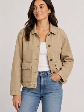 NWT GAP Beige Cropped Utility Jacket | Cotton Canvas Chore Coat | Size L